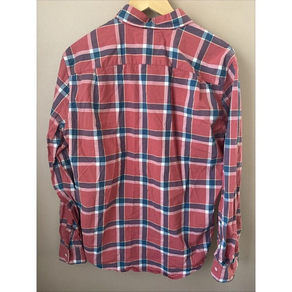 American Eagle Men’s M Red Blue Plaid Button-Down Dress Shirt Casual